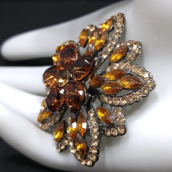Vintage Floral Light Dark Topaz Rhinestones Brooch Pendant Combo, 1990s, 2 Inch - Picture 3 of 7